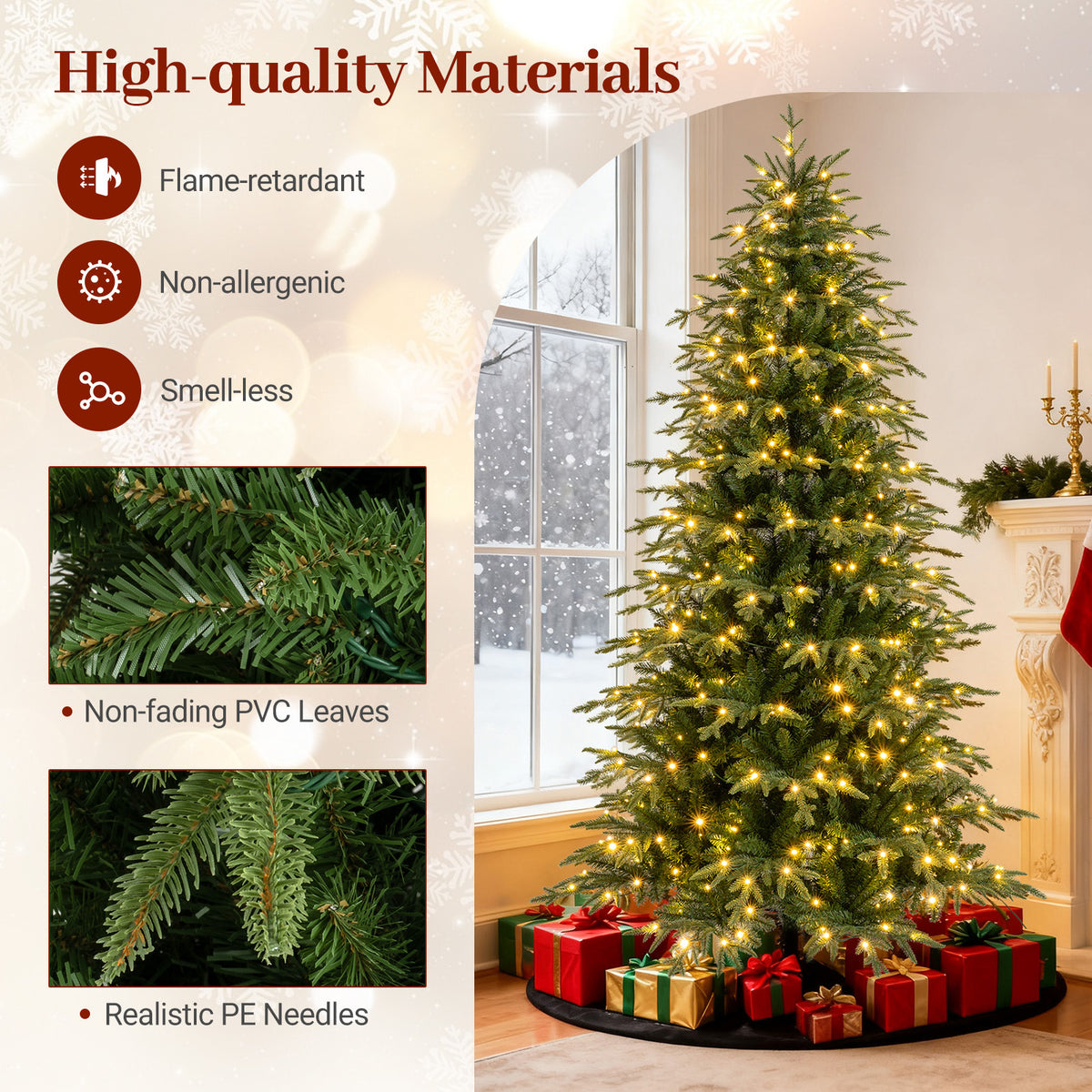 6FT/7.5FT/8FT Pre-lit Artificial Christmas Tree, Hinged Xmas Tree with 1195 Branch Tips