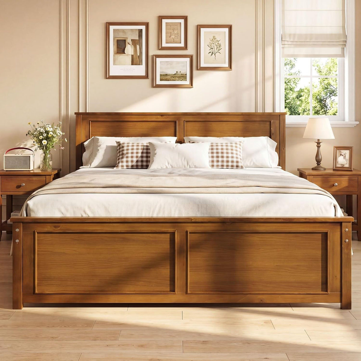 Goflame Wood Queen/Full/Twin Size Farmhouse Solid Platform Bed