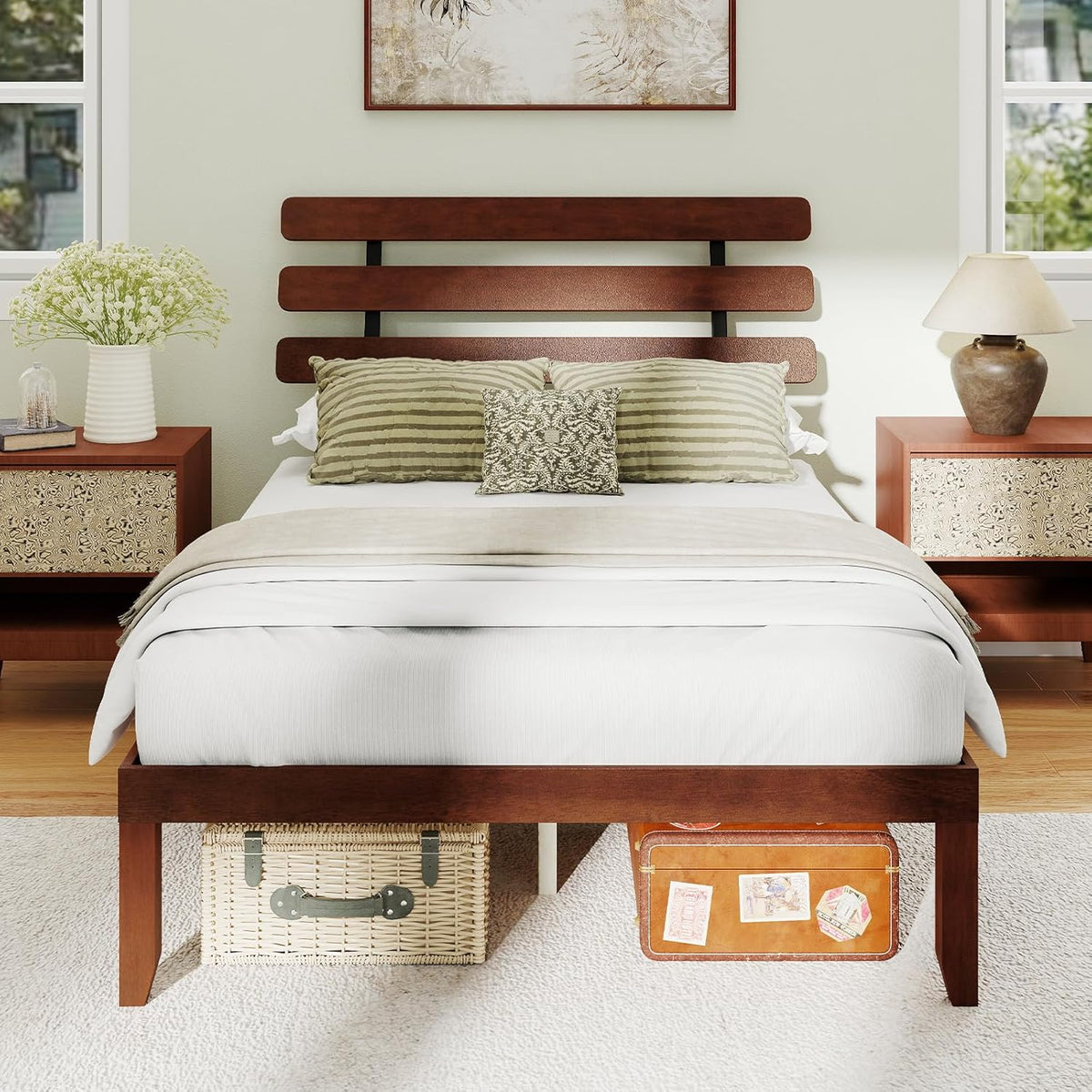Goflame Queen/Full/Twin Size Platform Bed with Retro Headboard Mid Century Modern Bed Frame with Wood Slat Support