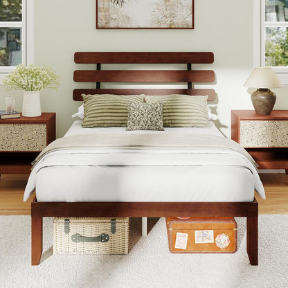 Goflame Queen/Full/Twin Size Platform Bed with Retro Headboard Mid Century Modern Bed Frame with Wood Slat Support