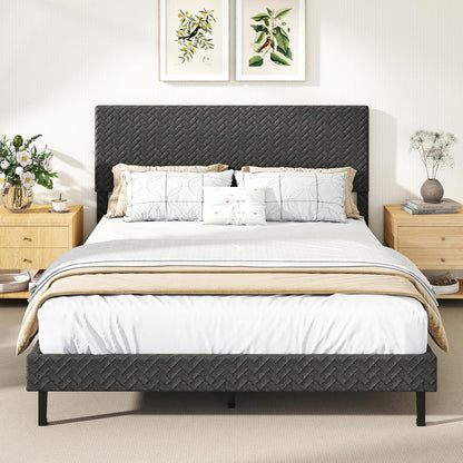 Goflame Bed Frame | Velvet Upholstered Platform Bed w/Height Adjustable Chevron Headboard