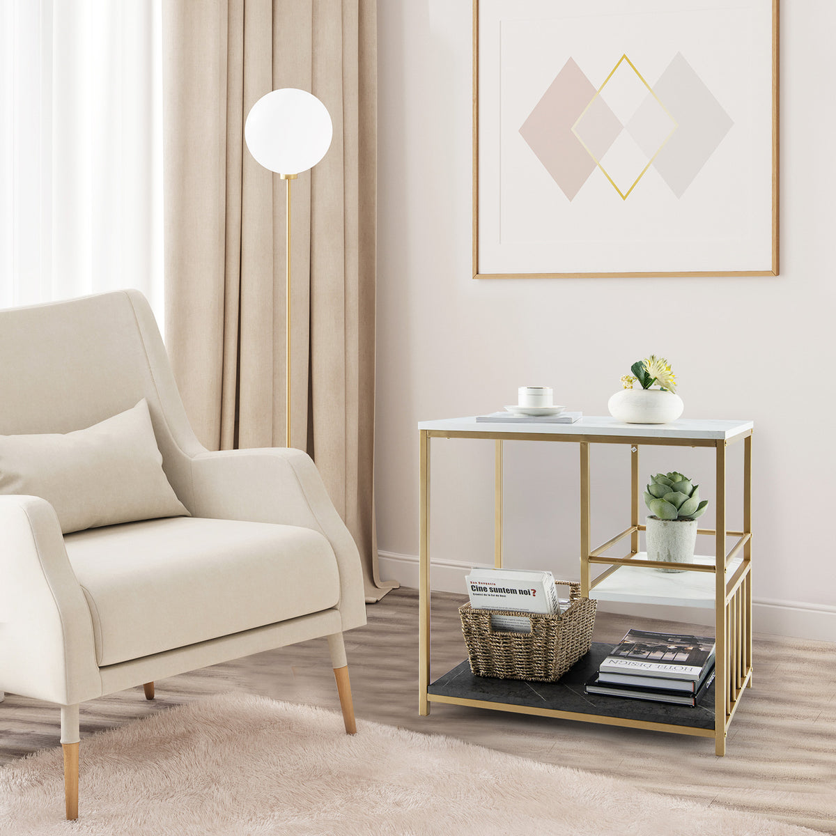 Faux Marble End Table, 3-Tier Sofa Side Table with Storage Shelves, Golden Polished Steel Frame