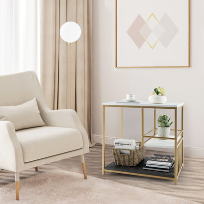 Faux Marble End Table, 3-Tier Sofa Side Table with Storage Shelves, Golden Polished Steel Frame