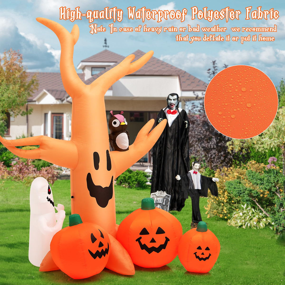 8 FT Halloween Inflatable Dead Tree with Pumpkins, Ghost and Owl, Blow up Yard Scary Tree with Bright LED Lights