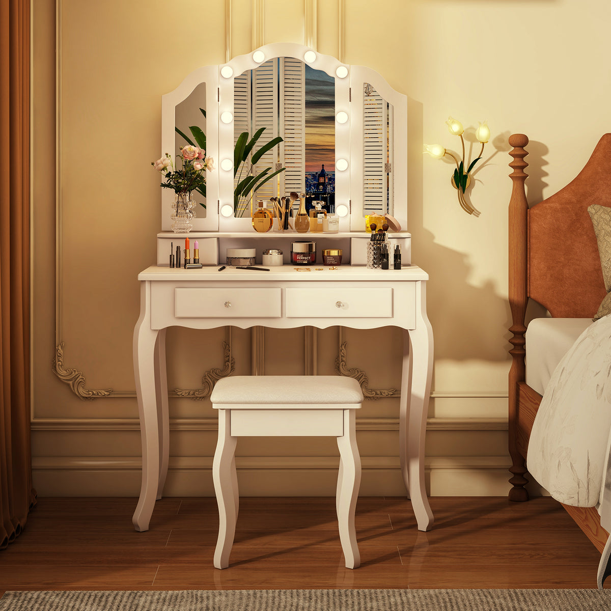 Makeup Vanity Set with Tri-Fold Mirror & Dimmable Lights, Vanity Desk and Cushioned Stool Set with 4 Drawers