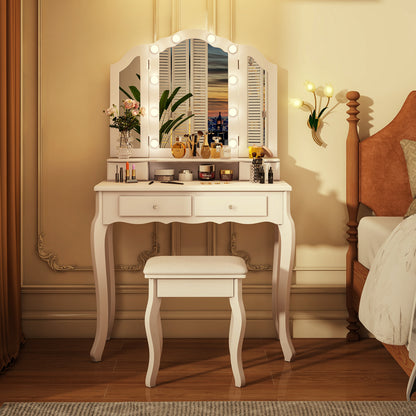 Makeup Vanity Set with Tri-Fold Mirror & Dimmable Lights, Vanity Desk and Cushioned Stool Set with 4 Drawers