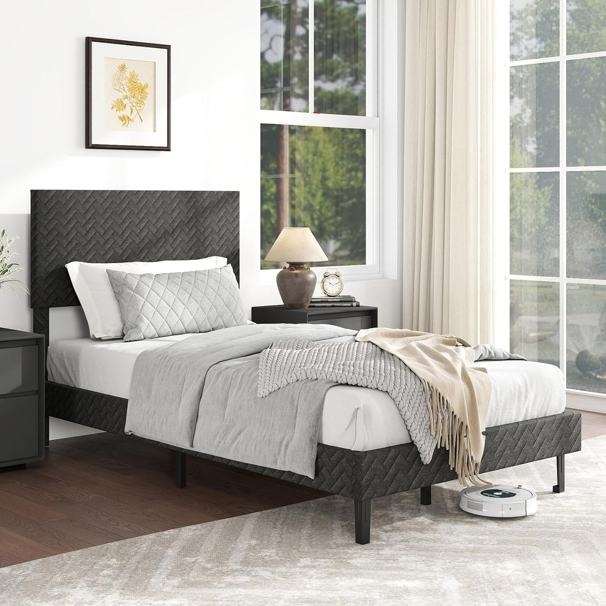 Goflame Bed Frame | Velvet Upholstered Platform Bed w/Height Adjustable Chevron Headboard