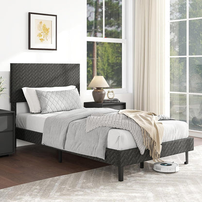 Goflame Bed Frame | Velvet Upholstered Platform Bed w/Height Adjustable Chevron Headboard