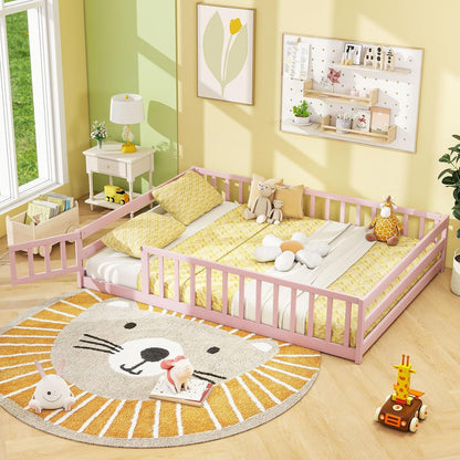Goflame Floor Bed with Door & Fence Kids Wood Montessori Beds with Safety Guardrails