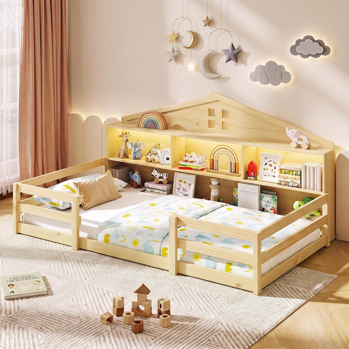 Goflame Montessori Floor Bed with LED Lights 2-in-1 Wooden House Bed Frame with Safety Guardrails