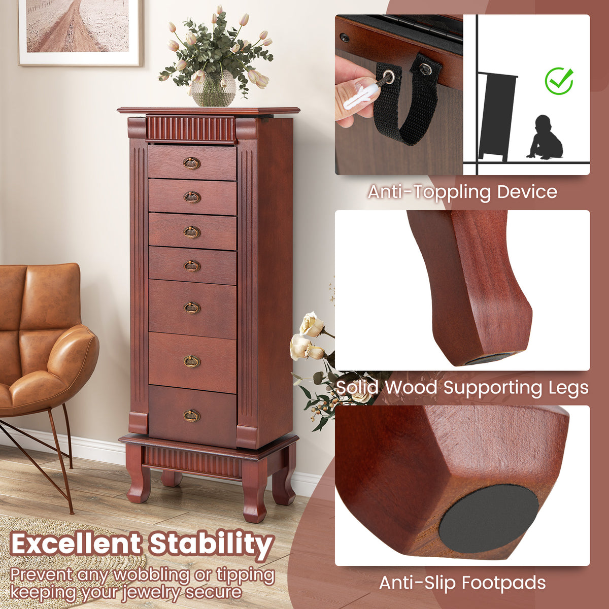 Jewelry Cabinet Armoire, Standing Jewelry Storage Organizer with Flip Top Makeup Mirror & 7 Drawers