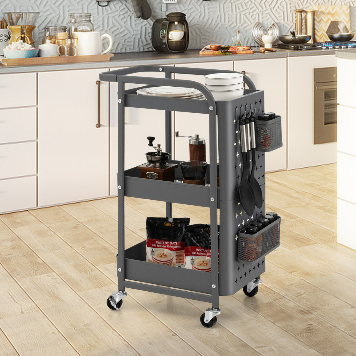 3-Tier Rolling Storage Cart with DIY Dual Pegboards, 2 Baskets, 4 Removable Hooks