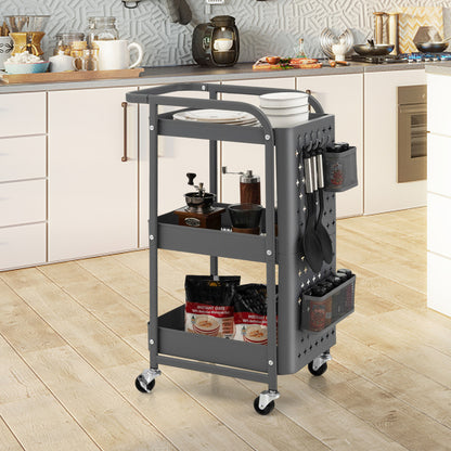 3-Tier Rolling Storage Cart with DIY Dual Pegboards, 2 Baskets, 4 Removable Hooks