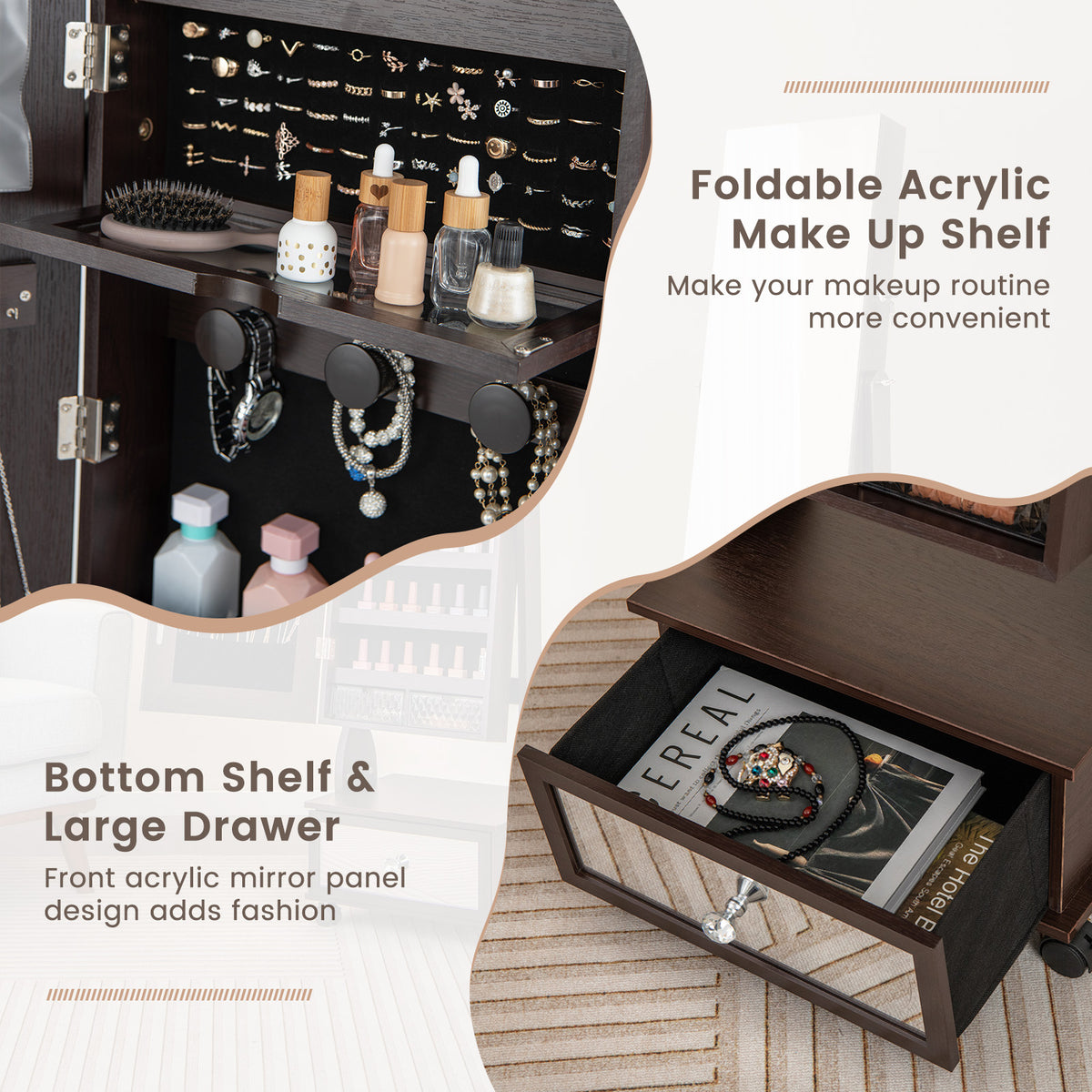 Standing Jewelry Cabinet Armoire with Wheels, Lockable Jewelry Storage Organizer with Full Length Mirror