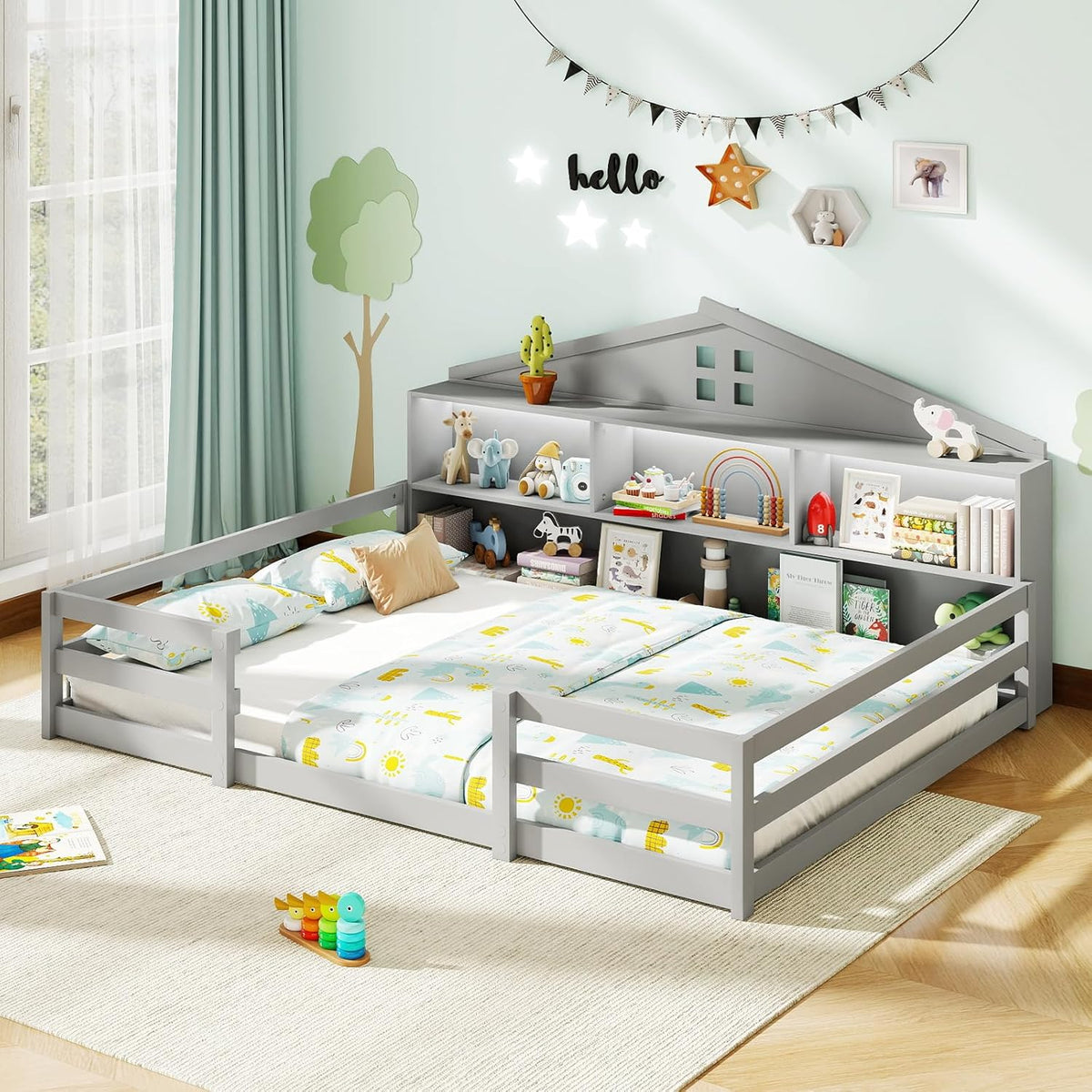 Goflame Montessori Floor Bed with LED Lights 2-in-1 Wooden House Bed Frame with Safety Guardrails