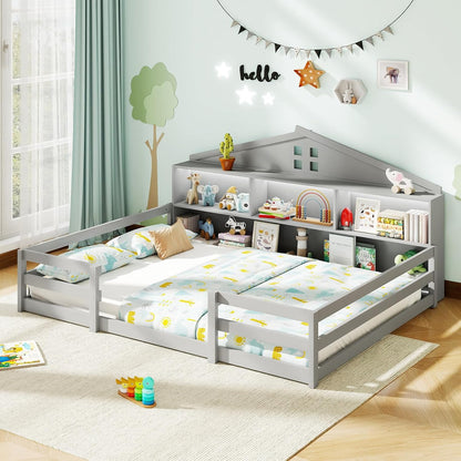 Goflame Montessori Floor Bed with LED Lights 2-in-1 Wooden House Bed Frame with Safety Guardrails