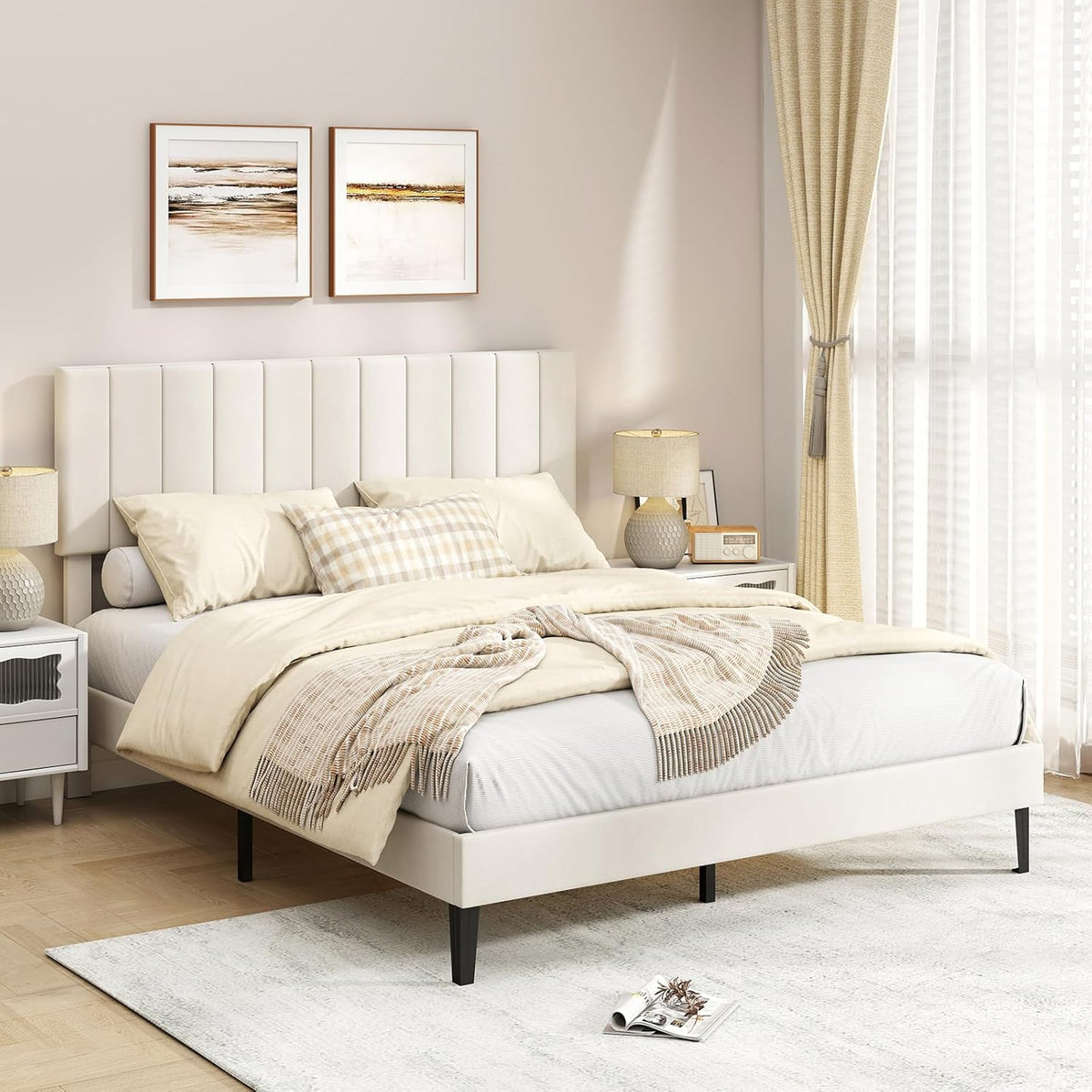 Goflame Queen/Full/Twin Size Upholstered Bed Frame Platform Bed with Height Adjustable Vertical Channel Headboard