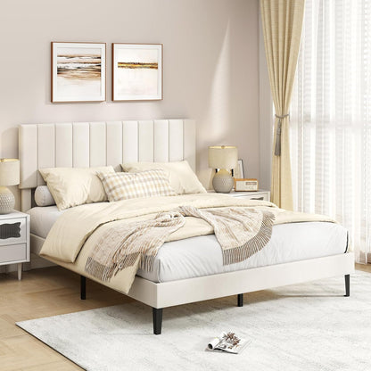 Goflame Queen/Full/Twin Size Upholstered Bed Frame Platform Bed with Height Adjustable Vertical Channel Headboard