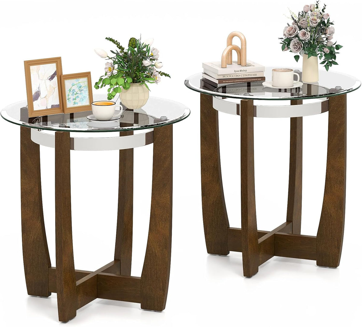 Goflame Round Glass End Table - 24’’ Side Table with Tempered Glass Top