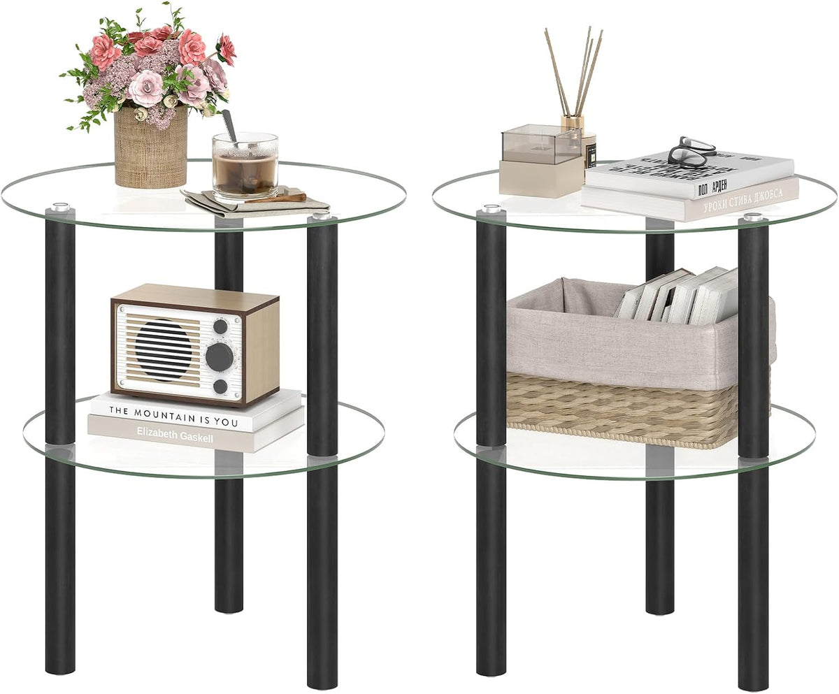 Goflame Round/Square 2-Tier Sofa Side Table with Clear Tempered Glass Top & Shelf (1/2)