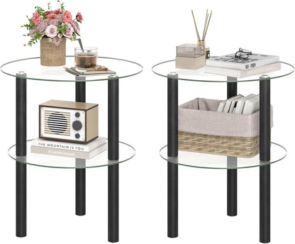Goflame Round/Square 2-Tier Sofa Side Table with Clear Tempered Glass Top & Shelf (1/2)