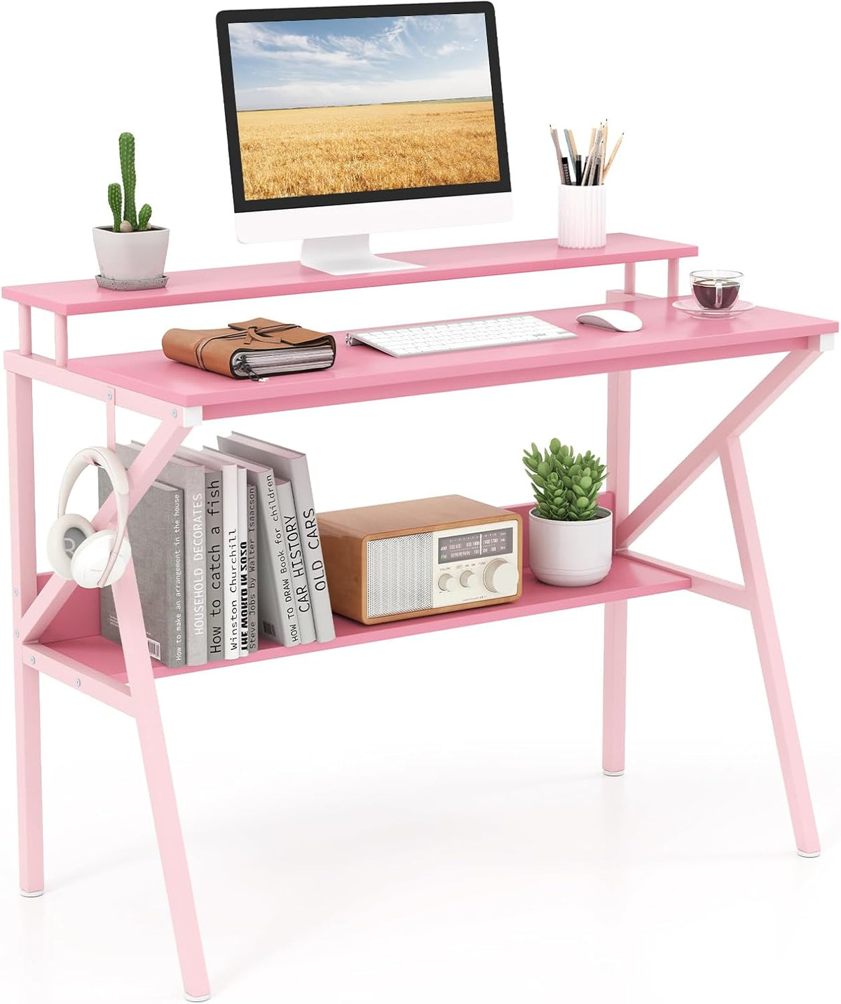 Goflame Space Saving Computer Desk with Monitor Stand and Extra Storage Shelf for Work Study