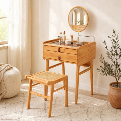 Makeup Vanity Table with Mirror, Bamboo Dressing Table with 2 Storage Drawers and Tempered Glass Table Top