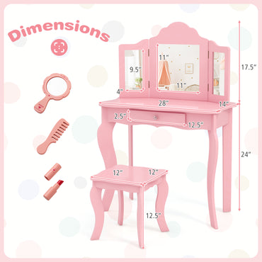 Wooden Vanity Table with Tri-Folding Mirror and Stool for Kids, Writing Table with Detachable Top and Large Capacity Drawer