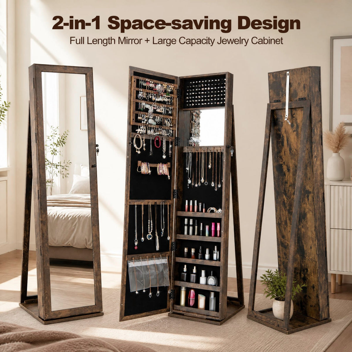 Jewelry Cabinet with Full-length Mirror, Jewelry Storage Organizer with Makeup Mirror