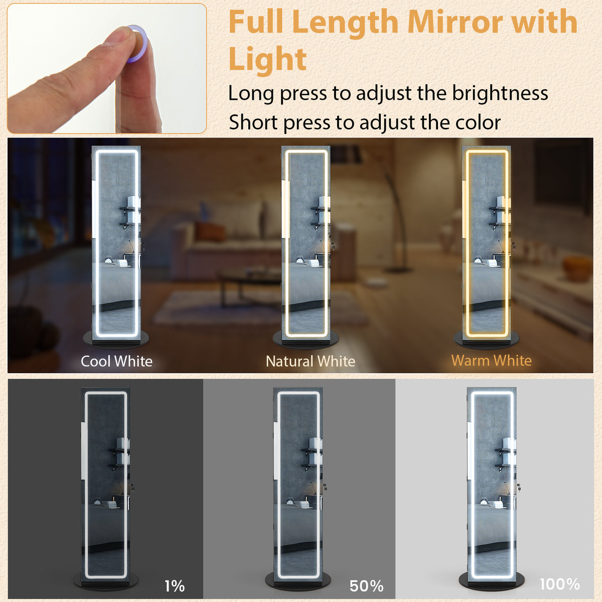 360° Swivel Jewelry Cabinet Armoire with Full Length Mirror, Standing Jewelry Storage Organizer with Rear Storage Shelves