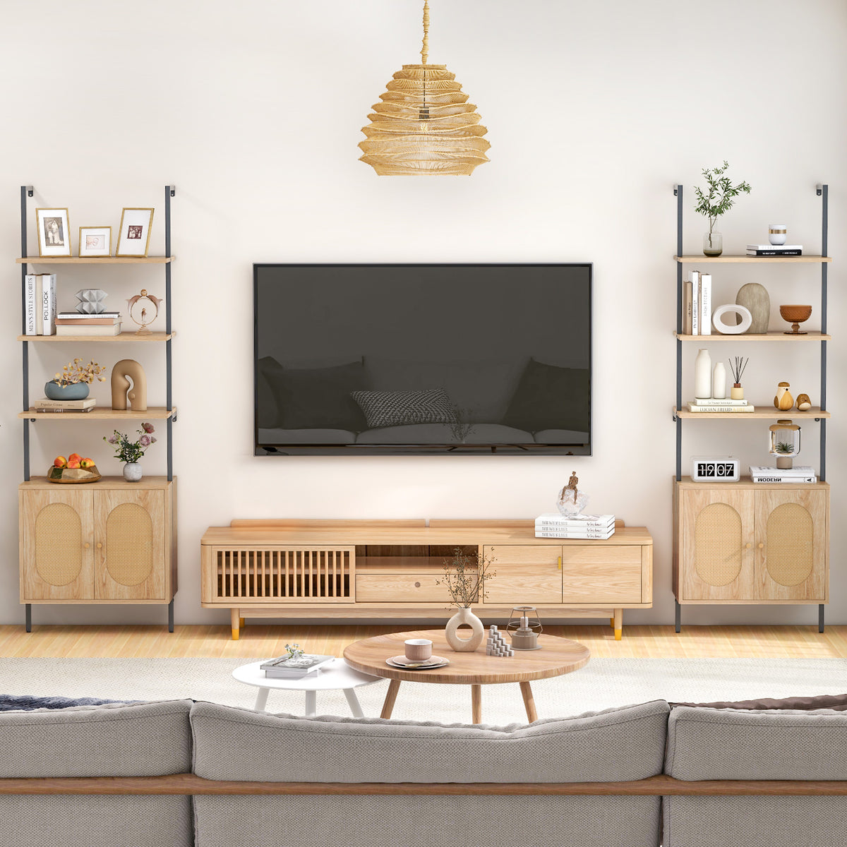 72.5'' Tall Bookshelf with Cabinet, 4-Tier Wall Mount Ladder Shelf with Rattan Cabinet