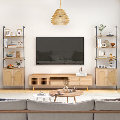 72.5'' Tall Bookshelf with Cabinet, 4-Tier Wall Mount Ladder Shelf with Rattan Cabinet