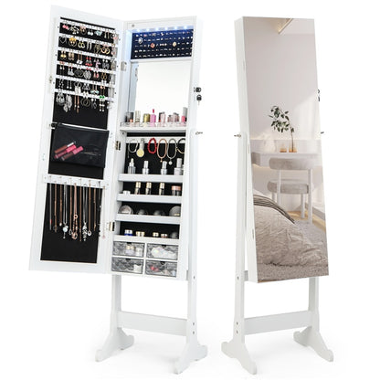 Jewelry Cabinet Freestanding, Lockable Jewelry Armoire Organizer with Full-length Frameless Mirror