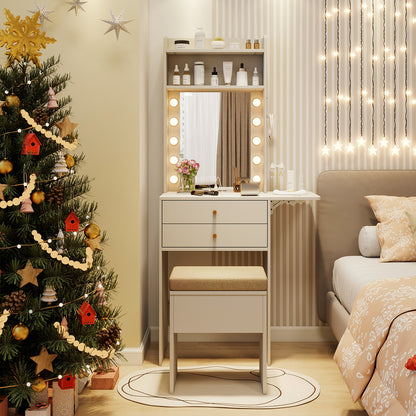 Small Makeup Vanity Set with Mirror and Lights, Modern Compact Vanity Desk Set with Charging Station