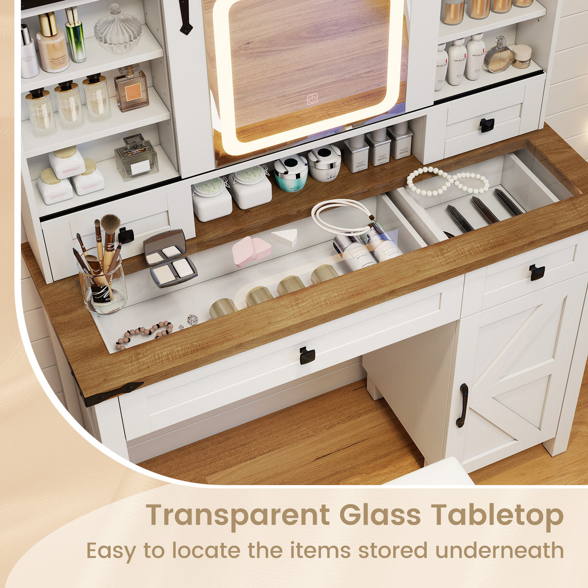 Farmhouse Vanity Desk with Sliding Mirror and Lights, Makeup Vanity Desk Set with Glass Desktop