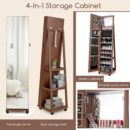 Jewelry Cabinet with Full Length Mirror, Lockable Jewelry Storage Organizer with Wheels
