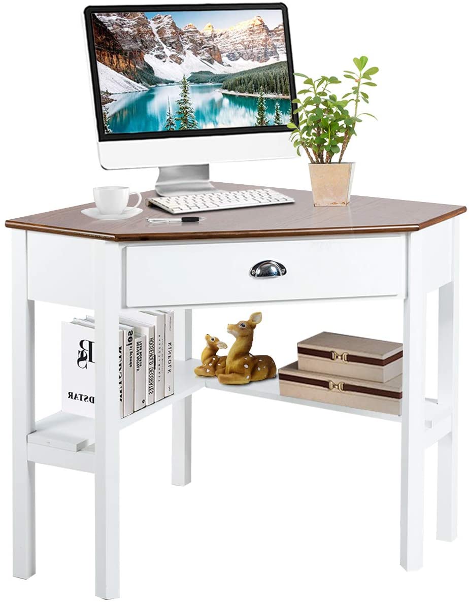 Computer Corner Desk, Wood Compact Home Office Writing Workstation with Drawer and Shelves
