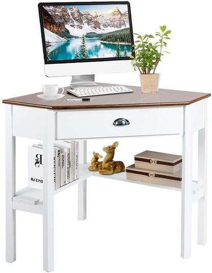 Computer Corner Desk, Wood Compact Home Office Writing Workstation with Drawer and Shelves