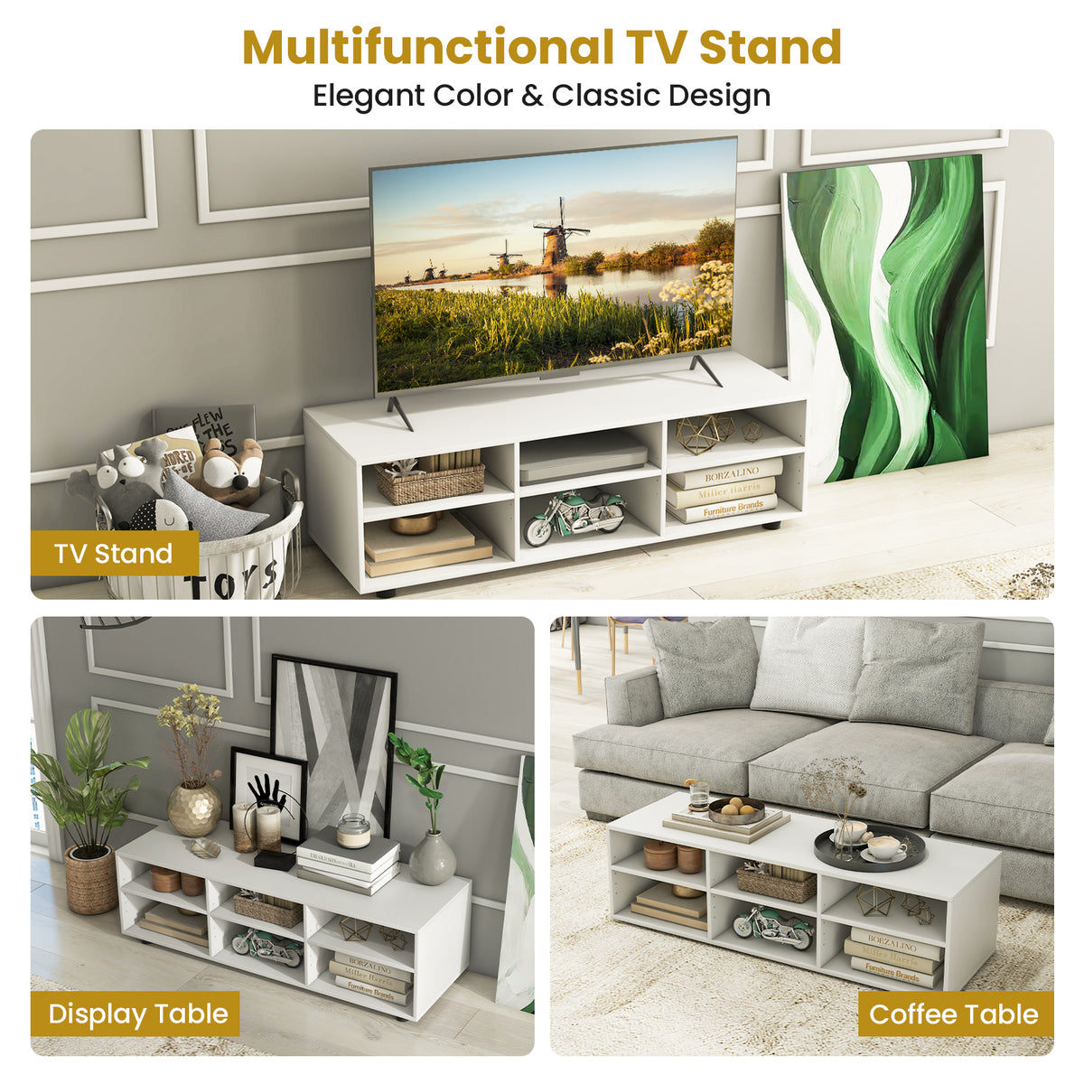 6-Cubby TV Stand for TVs up to 50 Inches, White TV Console Table with Adjustable Shelves
