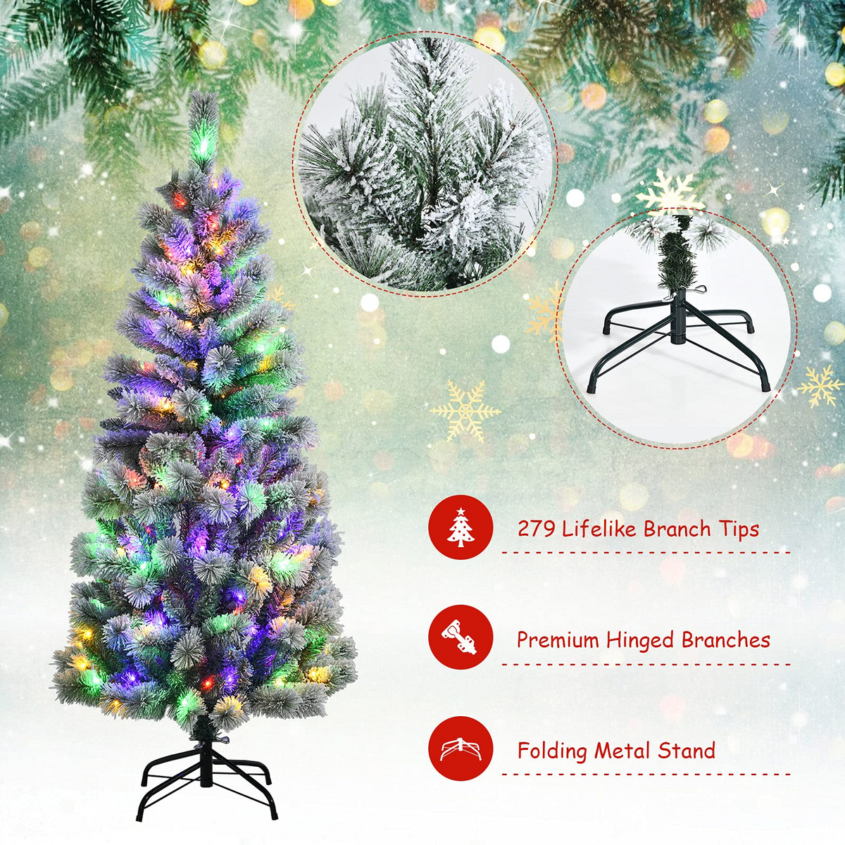 Goflame 5ft Pre-lit Snow Flocked Christmas Tree, Premium Hinged Artificial Pine Tree w/ 9 Lighting Modes & 140 Color Changing LED Lights - GoflameUS