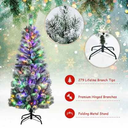 Goflame 5ft Pre-lit Snow Flocked Christmas Tree, Premium Hinged Artificial Pine Tree w/ 9 Lighting Modes & 140 Color Changing LED Lights - GoflameUS