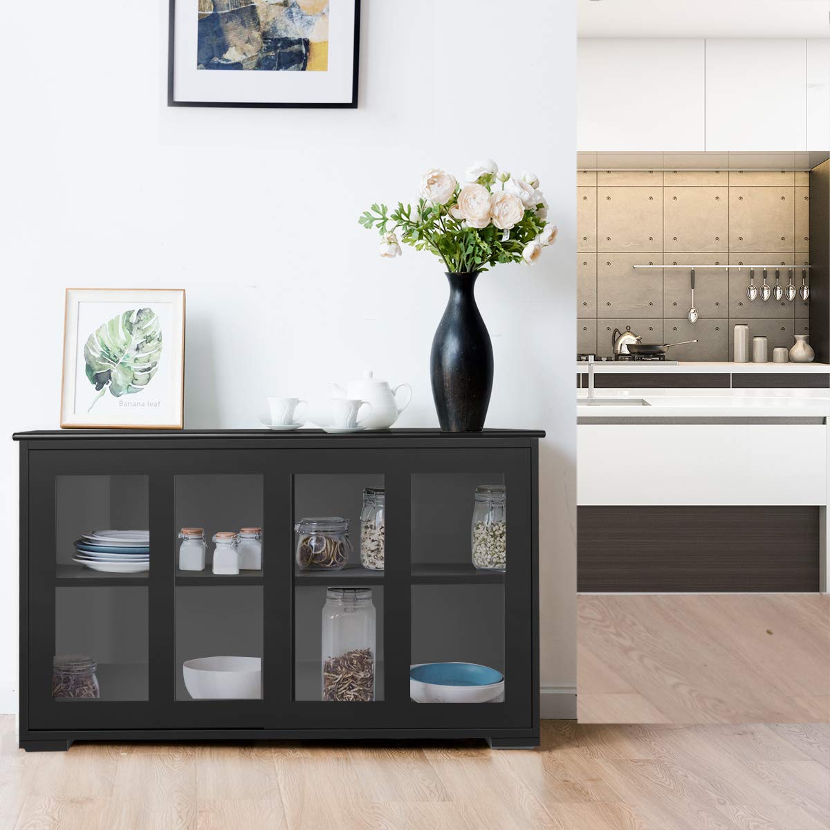 Goflame Buffet Sideboard, Wood Credenza with Sliding Doors