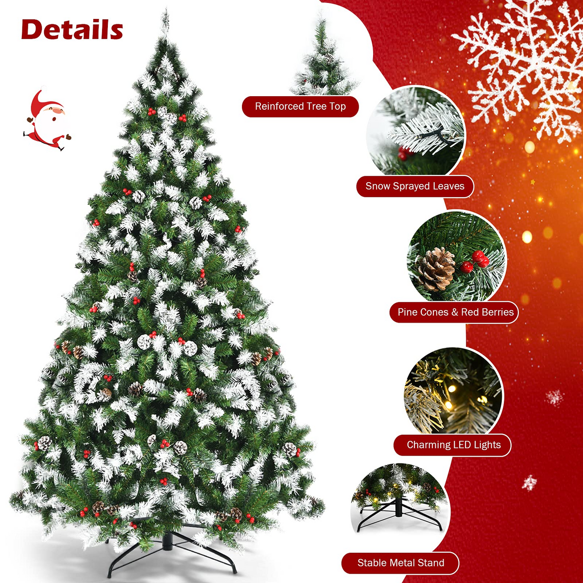 Goflame Pre-lit Snow Flocked Christmas Tree,Hinged Artificial Xmas Tree, Indoor Holiday Festival Decoration - GoflameUS