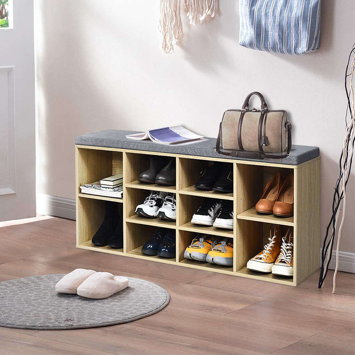Goflame Shoe Storage Bench with Cushion, Entryway Shoe Rack Bench
