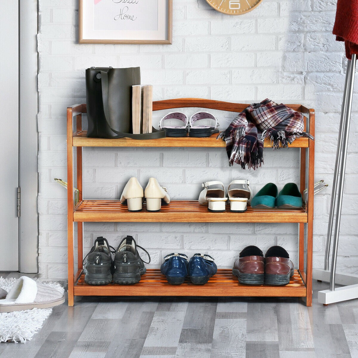 Goflame 3-Tier Wood Shoe Rack 4 Metal Side Hangers, 29"L x10.5"Wx 24.5"H