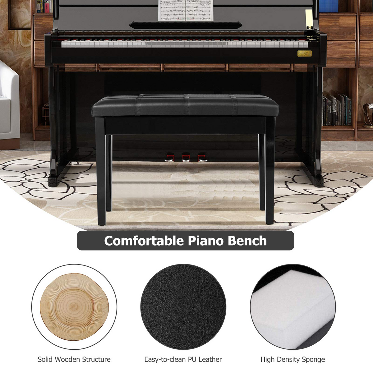 Goflame Wooden Duet Piano Bench with Padded Cushion and Music Storage