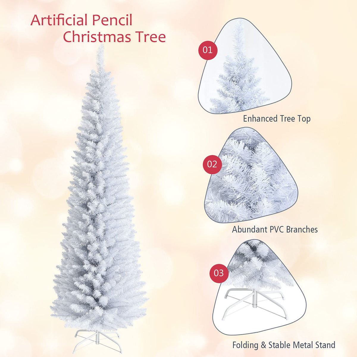 5FT / 6FT / 7FT Pencil Christmas Tree, Artificial Slim White Christmas Tree - GoflameUS