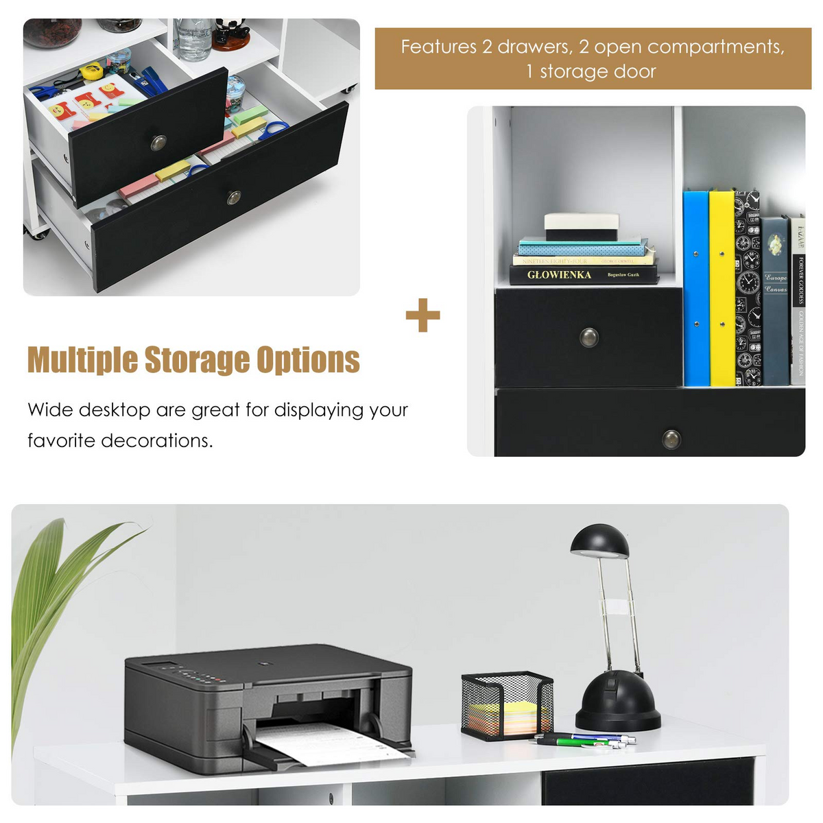 Goflame Lateral File Cabinet 2 Drawer Printer Stand, Rolling Storage Office Cabinet with Lockable Wheels