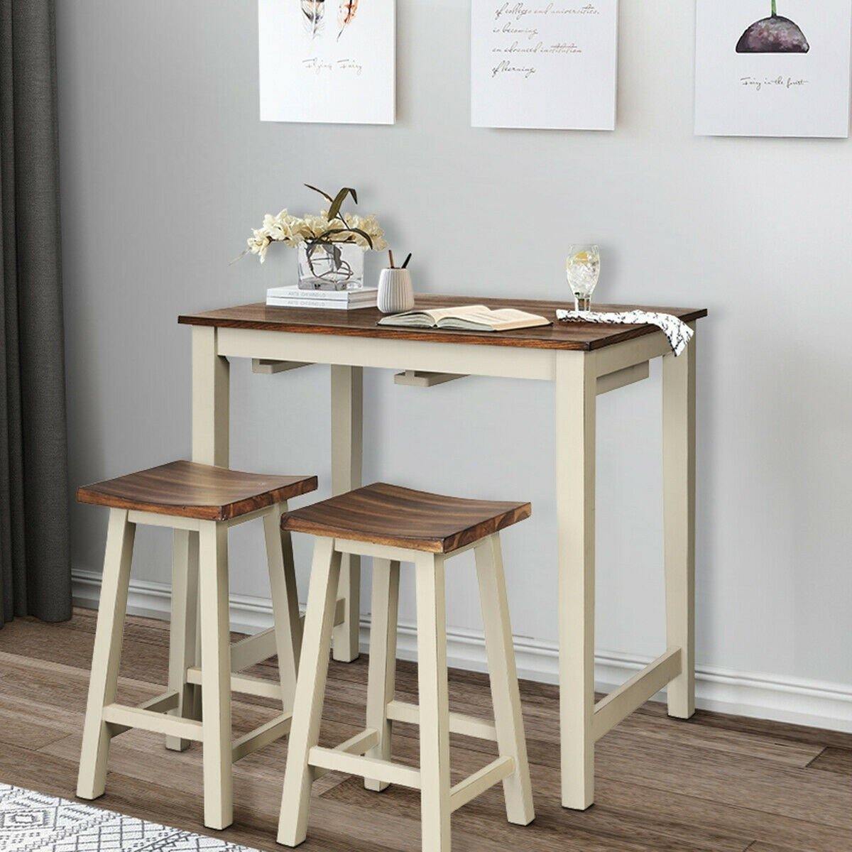 3 Piece Pub Dining Set, Counter Height Pub Table with 2 Saddle Bar Stools, Tavern Collection Table (Brown & Milky White) - Goflameus
