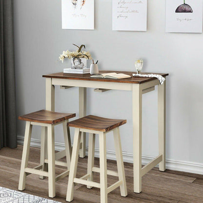 3 Piece Pub Dining Set, Counter Height Pub Table with 2 Saddle Bar Stools, Tavern Collection Table (Brown & Milky White) - Goflameus